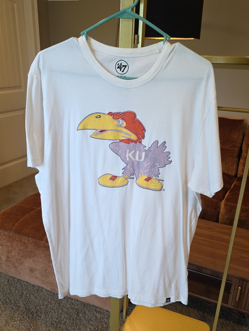 Kansas Jayhawks White Vintage Look Tee with Multicolor Jayhawk Graphic